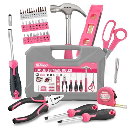 Hi-Spec Tool Kit, General Household Hand Tool Set with Toolbox Storage Case, All-in-One Compact Toolkit for DIY & Dorm Use, Pink - color: Pink