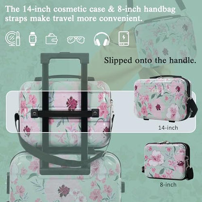 Merax Luggage Set,5 Piece Luggage with Handbag and Cosmetic Case,Harside Printing Suitcase with Wheels,Carry on Luggage Airline Approved(Green Pink Flower,8/14/20/24/28) - color: Green Pink Flower, style: 8/14/20/24/28