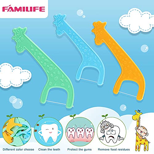 FAMILIFE Kid's Dental Floss Picks, Unflavored Tooth Pick Flossers Children with Portable Travel Cases Refills Pack, 204 Pcs - color: Giraffe 204 Pcs