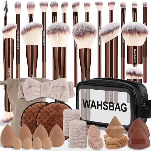 Professional Makeup Brush Set with Travel Case – 44Pcs Multi-Functional Face Makeup Tool Kit Includes Kabuki, Eyeshadow, Concealer, Blush, Bronzer, Foundation Brushes, Powder Puff & Makeup Sponge