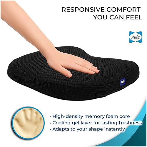 Sealy Memory Foam Car Seat Cushion – Gel Seat Cushions for Office Chairs, Tailbone Pain Relief Cushion, Cooling Pillow, Slim Fit Car Seat