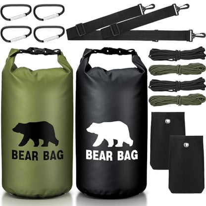 Foilswirl 2 Sets Bear Food Bag for Camping Ultralight Food Bag Hanging System Includes 2 Pcs 10 L Waterproof Bear Bag Pulley System and 4 Pcs Nylon Ropes 4 Pcs Clips 2 Pcs Rock Pouch - color: Black, Green, size: 20l