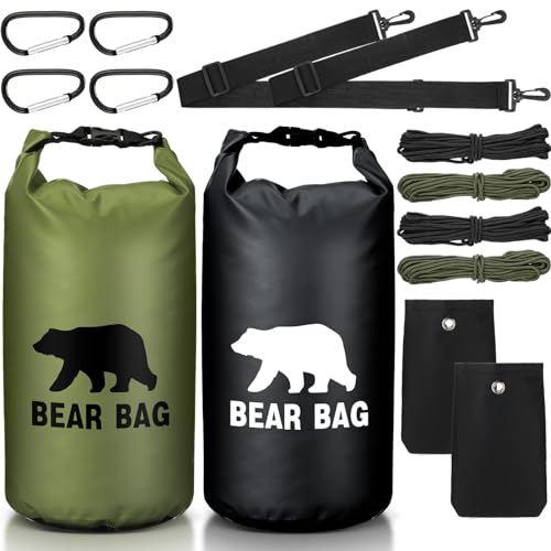 Foilswirl 2 Sets Bear Food Bag for Camping Ultralight Food Bag Hanging System Includes 2 Pcs 10 L Waterproof Bear Bag Pulley System and 4 Pcs Nylon Ropes 4 Pcs Clips 2 Pcs Rock Pouch - color: Black, Green, size: 10l