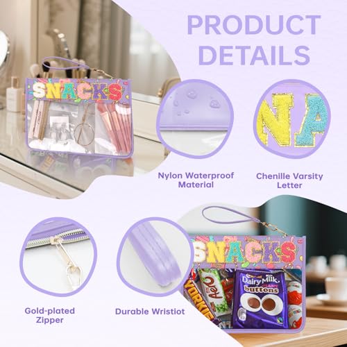 Chenille Letter Clear Zipper Pouch for Travel Preppy Patch Makeup Bag-Nylon Cosmetic Preppy Makeup Waterproof Organizer Bag Set for Women Valentines Bag (Purple-Candy) - color: Purple-Candy