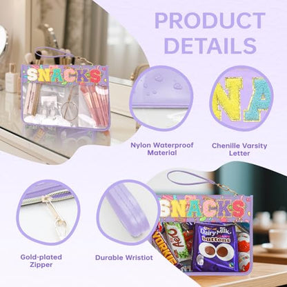 Chenille Letter Clear Zipper Pouch for Travel Preppy Patch Makeup Bag-Nylon Cosmetic Preppy Makeup Waterproof Organizer Bag Set for Women Valentines Bag (Purple-Candy) - color: Purple-Candy