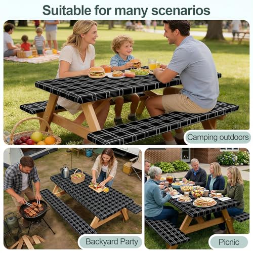 Picnic Table Cover with Bench Covers Camping Essentials Waterproof Windproof Camping Tablecloth with Drawstring Bag, Fitted Rectangle Tables and Seats, 96in, Black Checkered - color: Black Checkered, size: 96in