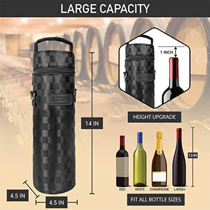 opux Wine Bag Single Bottle Carrier Tote, Insulated Wine Cooler Bag for Travel Picnic Beach with Shoulder Strap, Thermal One Bottle Holder Carrying Case Wine Gift for Women Men, Black Squares - color: Black Square