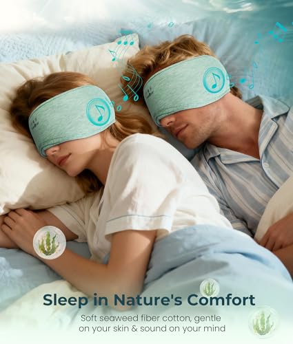 MUSICOZY Bluetooth 5.4 Sleep Headphones Eye Mask with Seaweed Fiber Cotton, Ultra Soft Fully Wrapped Sleep Mask with Headphones for Side Sleepers, 14 Hours Playtime, Gifts for Men Women - color: Light Green