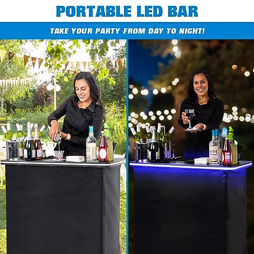 GoBar Portable Bar Table for Events - Black, 3 Skirts, or LED - Pop Up Mobile Bartending Station with Travel Carrying Case - color: Led Black Skirt