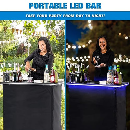 GoBar Portable Bar Table for Events - Black, 3 Skirts, or LED - Pop Up Mobile Bartending Station with Travel Carrying Case - color: Led Black Skirt