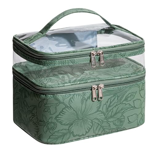 Large Makeup Bag with Brush Storage, Double Layer Cosmetic Bags for Women Girls, Waterproof Leather Floral Toiletry Bag for Women, Travel Makeup Bag Skincare Bag with Zipper & Portable Handle - color: Green, style: Double-layer