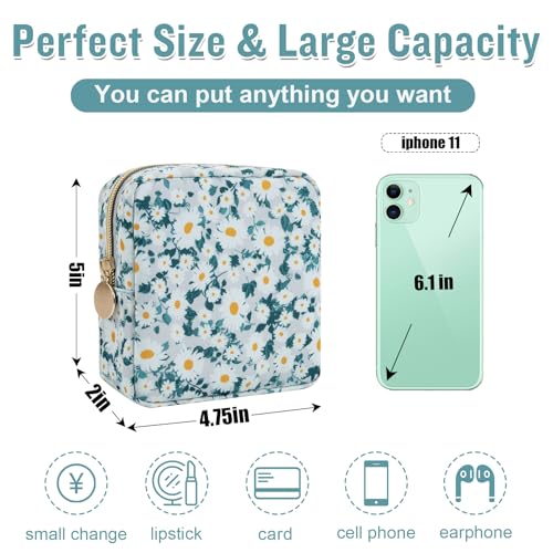 Nylon Mini Floral Makeup Bag for Purse, Small Cute Travel Makeup Bag Preppy Flower Cosmetic Zipper Pouch, Waterproof Coin Pouch Sanitary Napkin Storage Bag Make Up Organizer Set for Women(Green-Daisy) - color: Green-Daisy, size: Mini