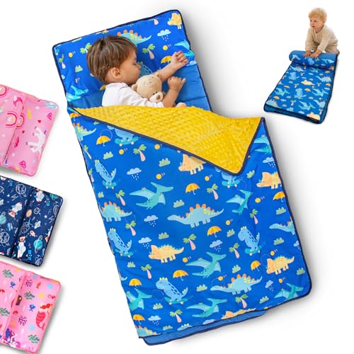 Primlect Toddler Nap Mat with Removable Pillow and Fleece Blanket, Extra Large 55''x35'' Sleeping Bag, Washable, Light, Easy to Roll up, Perfect for Daycare, Preschool, Kindergarten, Travel - color: Dinosaur