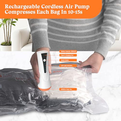 Vacuum Storage Bags for Travel with Rechargeable Air Pump - 16 Pack Vacuum Seal Bags for Clothing Space Saver, Compression Packing Bags for Suitcase Luggage, Blankets, Bedding, Seasonal Storage