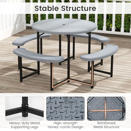 Tangkula 8 Person Picnic Table, HDPE Outdoor Round Table and Bench Set with 4 Built-in Benches, Umbrella Hole, Metal Frame for Garden Yard Patio Lawn - color: Grey