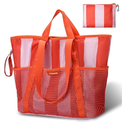 PASMAN Large Beach Bag with Zipper-8 Pockets Sandproof Beach Tote Bag for Women,Foldable Lightweight Family Swim Bag Vacation - color: Pink & Orange Stripe