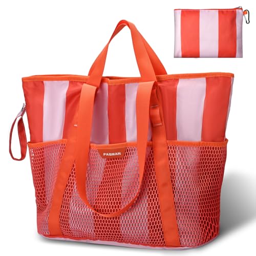PASMAN Large Beach Bag with Zipper-8 Pockets Sandproof Beach Tote Bag for Women,Foldable Lightweight Family Swim Bag Vacation - color: Pink & Orange Stripe