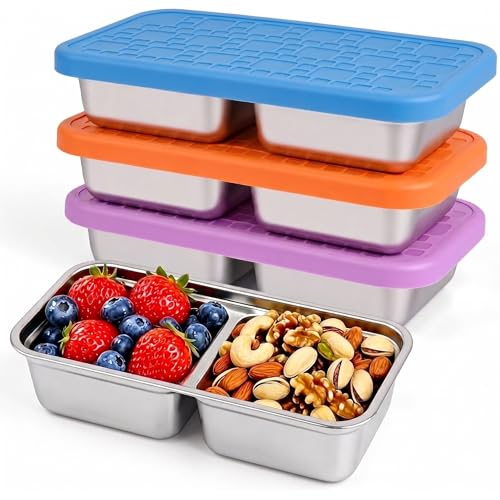 3-Pack Stainless Steel Snack Containers with Lid - 15oz Divided BPA-Free Metal Bento Box - Leak-Proof Reusable Food Storage Containers for Meal Prep Picnic Gym Office - Eco-Friendly, Dishwasher Safe
