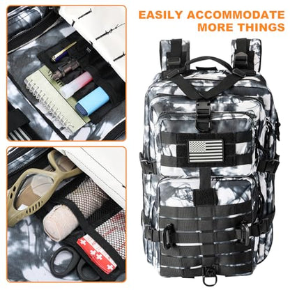 Hannibal Tactical MOLLE Assault Backpack, Tactical Backpack Military Army Camping Rucksack, 3-Day Pack Trip w/USA Flag Patch, D-Rings, Black White camo - color: Black/White Camo
