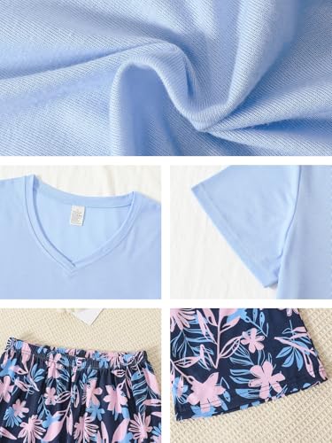 YIJIU Women Soft Comfy Pajamas Cute Cat Short Sleeve Capri Pants PJS Set - color: Blue Leaves, size: Small