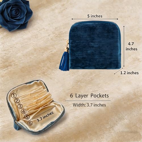 Small Travel Jewelry Case for Women, 6-Layer Velvet Organizer Pouch with Zipper, Anti-Scratch Portable Bag for Bracelets, Rings, Earrings & Necklaces (Gem Blue) - color: Gem blue