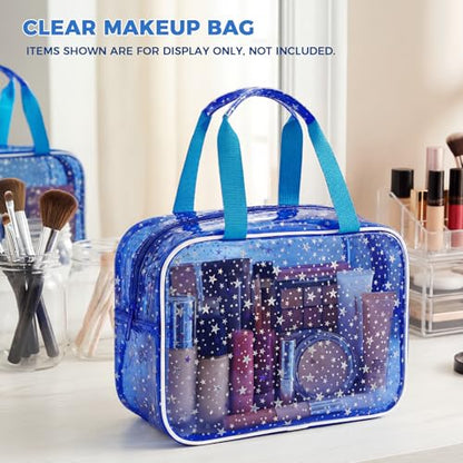 Clear Deep Blue Star Large Makeup Bag with Star Pattern (12x5x8 inches), Travel Cosmetic Bag with Handle, Durable PVC Material, Zipper Opening Design—Ideal for Makeup Travel Organization or Gym Use - color: Deep Blue, style: Star