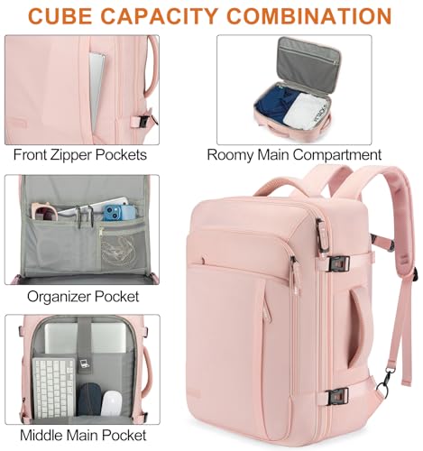 Lumesner Carry on Travel Backpacks, Extra Large 40L Flight Approved Bag for Men & Women,Expandable Suitcase Backpack With 4 Packing Cubes,Water Resistant Luggage Daypack Business Weekender Bag, Pink - color: Pink