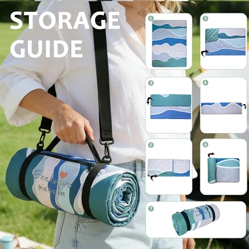 Exclusivo Mezcla Extra Large Waterproof Picnic Blankets 3 Layer, Sandproof and Foldable Outdoor Blanket for Beach Camping, Park and Travel - color: Waved Blue