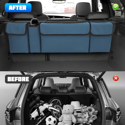 Car Trunk Organizer with Lid, Large Waterproof Vehicle Backseat Hanging Storage Bag with 4 Pockets & Adjustable Straps, Collapsible Automotive Interior Cargo Bag, Universal Fit (Blue) - color: Blue