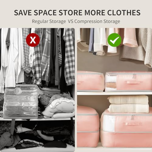 DIMJ Comforter Storage Bag 4 Pack - Blanket Storage Organizer Compression Bags, Large Capacity Ultra Space Saving Self Compression Organize for Bedding, Pillow, Duvet, Sheet Storage with Zipper Window - color: Pink, size: 66L x 4 Pack