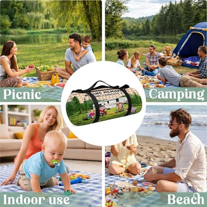Personalized Waterproof Sandproof Beach Blanket 80''x80'', 3-Layer Foldable Picnic Blanket with Carry Strap, Camping Travel Outdoor Mat for Beach Park Hiking (Family Camping) - color: Family Camping