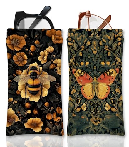 Eyeglasses Sunglasses Case PU Soft Squeeze Top Glasses Pouch for Women Men,Animal Pattern Portable Anti Scratch - color: Brown-butterfly01