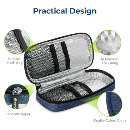 AUVON Insulin Pen Cooler Travel Case with 2 x 90g TSA Approved Ice Packs, Diabetic Medication Insulated Cooling Bag for Insulin Pens and Diabetic Supplies Storage, Compact for Daily Life and Trips - color: Navy Blue