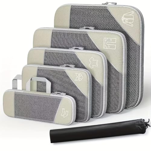 6Pcs Compression Packing Cubes Set, Waterproof Travel Luggage Organizer with Drawstring Bag, Lightweight Nylon Suitcase Storage Bags for Travel Camping Business Trip - color: Beige