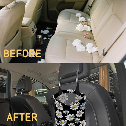 White Daisy Flowers Car Trash Bag, Strap Drawstring Car Garbage Bags,Car Back Seat Organizer with Adjustable Buckle for Car Accessories - color: White Daisy Flowers