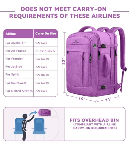 AREYTECO 60L Carry On Backpack, Extra Large Laptop Backpack, Big Capacity Travel Backpack for Women, Expandable Water Resistant Bag Anti-Theft Business Daypack Fit 18 Inch Laptop,Purple - color: Purple, size: 18.4 Inch (22''x14''x11'')