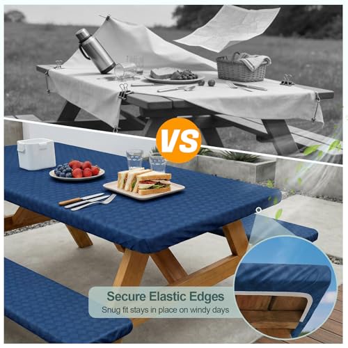 Picnic Table Cover with Bench Covers Camping Essentials Waterproof Windproof Camping Tablecloth with Drawstring Bag, Fitted Rectangle Tables and Seats, 60in, Deep Blue - color: Deep Blue, size: 60in