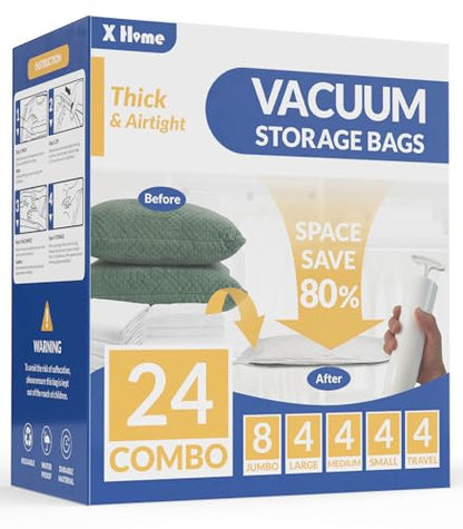 24 Pack Vacuum Storage Bags, Space Saver Vacuum Seal Bags for Clothing, Bedding, Blankets, Comforters,Travel Luggage, Vacuum Compression Bags with Hand Pump (8 Jumbo+4L+4M+4S+4 Roll-up Bags)