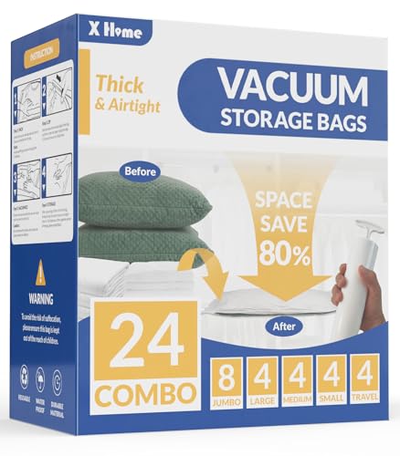 24 Pack Vacuum Storage Bags, Space Saver Vacuum Seal Bags for Clothing, Bedding, Blankets, Comforters,Travel Luggage, Vacuum Compression Bags with Hand Pump (8 Jumbo+4L+4M+4S+4 Roll-up Bags)