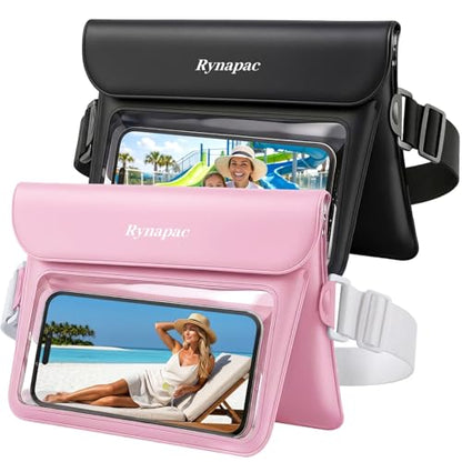 Rynapac 2 Pack Waterproof Fanny Pack for Woman Man, IPX8 Swimming Dry Belt Bag, Passport Wallet Phone Pouch Double Space, Elastic Waistband, Beach Cruise Vocation Essentials 2026 - color: Black+Pink