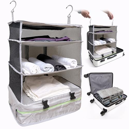 Grand Fusion Stow-N-Go Hanging Travel Shelves, Packing Organizer for Luggage. Carry on Closet for Suitcase. Expandable Packing Cube. Travel Essentials. (Light Gray - XL, XL = (L) 17.7" x (W) 11.8") - color: Light Gray, size: XL = (L) 17.7" x (W) 11.8"
