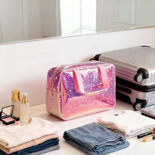 TPU Holographic Pink Star Large Cosmetic Bag 12x5x8 inch Travel Pouch with Handle,Durable Material,Zipper Design-Ideal for Makeup,Travel Essentials (9593-8) - color: Pink 9593-8