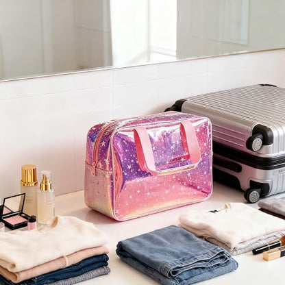 TPU Holographic Pink Star Large Cosmetic Bag 12x5x8 inch Travel Pouch with Handle,Durable Material,Zipper Design-Ideal for Makeup,Travel Essentials (9593-8) - color: Pink 9593-8