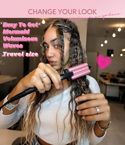 Farery Mini 3 Barrel Hair Waver, Pink | Portable Beach Wave Curling Iron, 1/2 Inch Ceramic Crimper, 3 Temp Settings & 30s Fast Heating, Dual Voltage Travel - style: Digital temp(Rose pink)