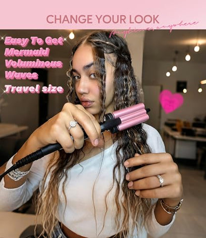 Farery Mini 3 Barrel Hair Waver, Pink | Portable Beach Wave Curling Iron, 1/2 Inch Ceramic Crimper, 3 Temp Settings & 30s Fast Heating, Dual Voltage Travel - style: Digital temp(Rose pink)