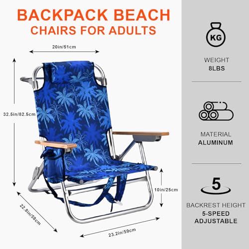 2 Pack Backpack Beach Chairs for Adults Capacity 300 LBS Low 5 Position Beach Chair with Pouch Straps Folding Lightweight Reclining Aluminum Wide Lay Flat Single - color: 10in Wood Blue Leaves 2 Pack