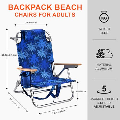 2 Pack Backpack Beach Chairs for Adults Capacity 300 LBS Low 5 Position Beach Chair with Pouch Straps Folding Lightweight Reclining Aluminum Wide Lay Flat Single - color: 10in Wood Blue Leaves 2 Pack
