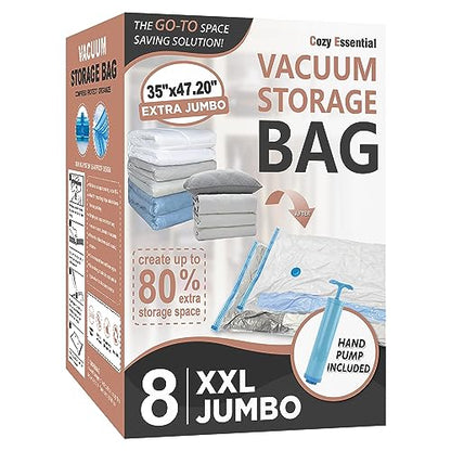 Cozy Essential Vacuum Storage Bags, 80% Compression Vacuum Seal Space Saver Plastic Packaging Bags for Clothes, Blankets, Pillow, Bedding, Comforters, Sealer Clothing Storage,8 XXL Jumbo