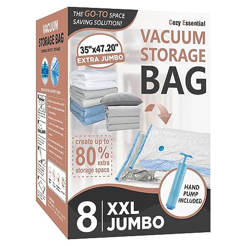 Cozy Essential Vacuum Storage Bags, 80% Compression Vacuum Seal Space Saver Plastic Packaging Bags for Clothes, Blankets, Pillow, Bedding, Comforters, Sealer Clothing Storage,8 XXL Jumbo