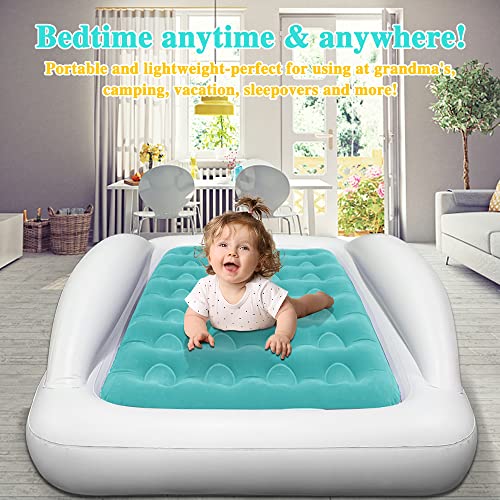 Inflatable Kids Travel Bed Toddler Air Mattress Set,Portable Blow Up Mattress Sleeping Bed Cot with Bed Rails and Electric Pump Ideal for Road Trip - color: Green